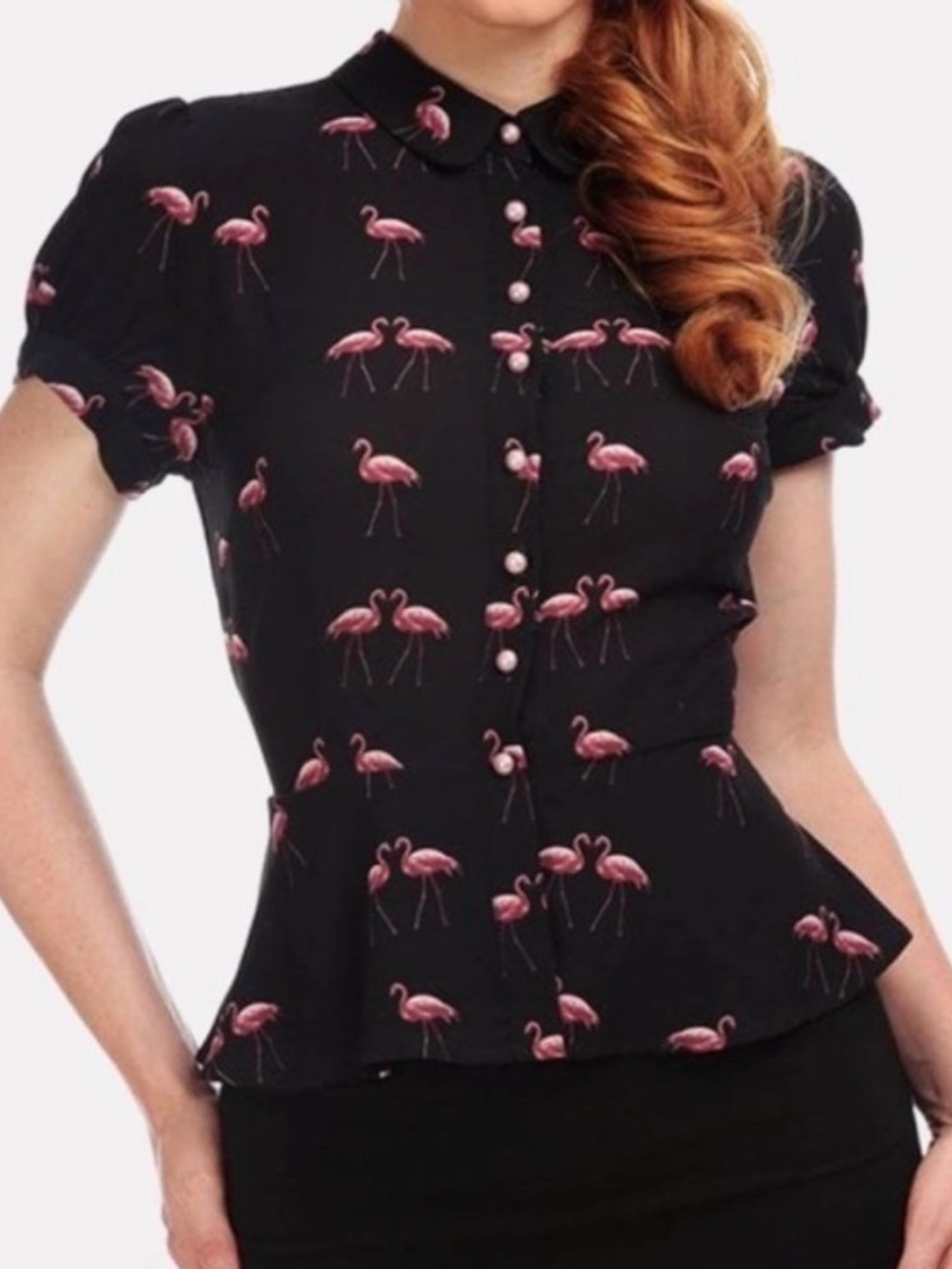 Collectif Black Pink Flamingo Print Peplum Blouse